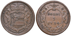 Gorizia. Carlo VI d’Asburgo imperatore del S.R.I. e conte di Gorizia (1711-1740). Da 3 soldi 1734 CU gr. 15,45. CNI 3. MIR 148. Raro e particolarmente...