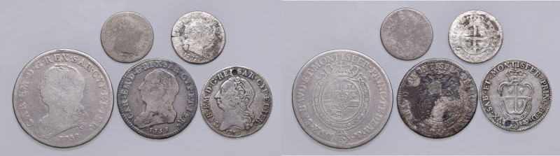 Savoia. Lotto di cinque monete. Carlo Emanuele III (1730-1773). Mezzo scudo 1758...