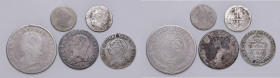 Savoia. Lotto di cinque monete. Carlo Emanuele III (1730-1773). Mezzo scudo 1758 (Torino) AG. Quarto di scudo 1759 (Torino) AG. Monetazione per la Sar...