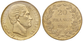 Belgio. Leopoldo I (1831-1865). Da 20 franchi 1865 (Bruxelles) AV. Friedberg 411. Periziata Raffaele Negrini SPL. SPL