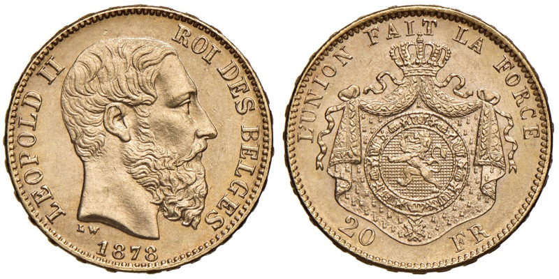 Belgio. Leopoldo II (1831-1865). Da 20 franchi 1878 (Bruxelles) AV. Friedberg 41...