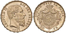 Belgio. Leopoldo II (1831-1865). Da 20 franchi 1882 (Bruxelles) AV. Friedberg 412. Segnetti al dr., altrimenti FDC
