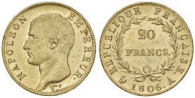 Francia. Napoleone I imperatore (1804-1814). Da 20 franchi 1806 A (Parigi) AV. Gadoury 1023. Friedberg 487a. q.FDC