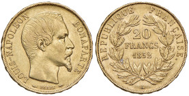 Francia. Seconda Repubblica (1848-1852). Da 20 franchi 1852 A (Parigi). Luigi Napoleone Bonaparte presidente. Gadoury 1060. Friedberg 568. Buon BB