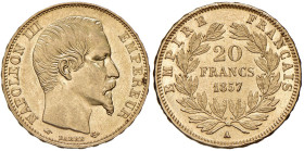 Francia. Napoleone III (1852-1870). Da 20 franchi 1857 A (Parigi). Gadoury 1061. Friedberg 573. Migliore di SPL