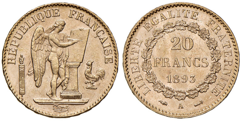 Francia. Terza Repubblica (1871-1940). Da 20 franchi 1893 A (Parigi). Gadoury 10...