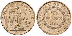 Francia. Terza Repubblica (1871-1940). Da 20 franchi 1893 A (Parigi). Gadoury 1063. Friedberg 592. Migliore di SPL