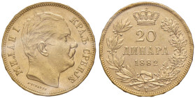 Serbia. Milan Obrenovich IV (1868-1889). Da 20 dinari 1882 (Vienna) AV. Friedberg 4. Non comune. Periziata Raffaele Negrini SPL. SPL