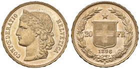 Svizzera. Confederazione (1848-). Da 20 franchi 1896 (Berna) AV. Friedberg 495. Segni da contatto, altrimenti q.FDC