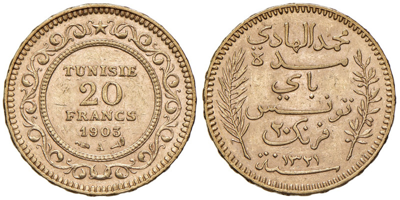 Tunisia. Muhammad al-Hadi Bey (1906-1922). Da 20 franchi 1903 A (Parigi) AV. Fri...