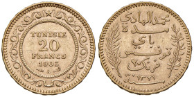 Tunisia. Muhammad al-Hadi Bey (1906-1922). Da 20 franchi 1903 A (Parigi) AV. Friedberg 12. q.SPL