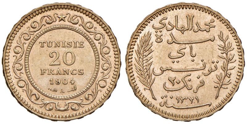 Tunisia. Muhammad al-Hadi Bey (1906-1922). Da 20 franchi 1904 A (Parigi) AV. Fri...