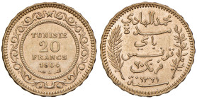 Tunisia. Muhammad al-Hadi Bey (1906-1922). Da 20 franchi 1904 A (Parigi) AV. Friedberg 12. SPL