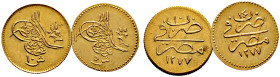 Ägypten. Abdul Aziz AH 1277-1293/ AD 1861-1876. 
Lot (2 Stücke): 5 Kurush 1875 (Jahr 14) sowie 10 Kurush 1871 (Jahr 10). KM 255, 259, Fr. 85, 86. 0,4...