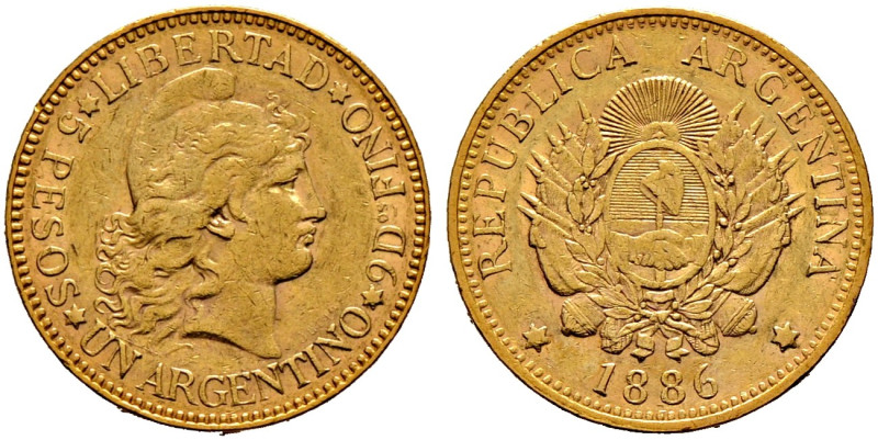 Argentinien. 
5 Pesos (Argentino) 1886. Libertasbüste. KM 31, Fr. 14. 8,09 g se...