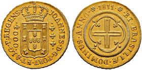 Brasilien. Johann VI. als Prinzregent 1805-1818. 
4.000 Reis 1811 -Bahia- oder -Rio de Janeiro-. KM 235.1 oder 2, Fr. 96. 8,10 g vorzüglich-Stempelgl...