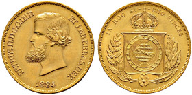 Brasilien. Pedro II. 1831-1889. 
10.000 Reis 1884. KM 467, Fr. 122. 9,00 g vorzüglich-Stempelglanz Erworben am 28.9.1972 bei Sotheby, London.