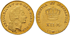 Dänemark. Frederik V. 1746-1766. 
12 Mark (Courant Ducat) 1761. Büste mit Zopfschleife nach rechts / Krone über Wertangabe. Schou 1, Fr. 269. 3,13 g ...
