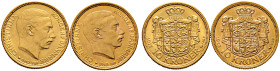 Dänemark. Christian X. 1912-1947. 
Lot (2 Stücke): 10 Kroner 1913 und 1917. Fr. 300, Schl. 91,92. je 4,50 g winzige Kratzer, vorzüglich-prägefrisch...