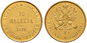 Finnland. unter russischer Herrschaft. 
10 Markkaa 1878 -Helsinki-. Alexander II. Bitkin (Russland) 614 (R), Fr. 4, Schl. 2. 3,23 g vorzüglich-prägef...
