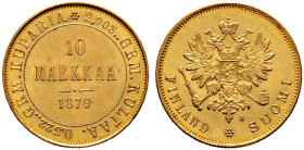 Finnland. unter russischer Herrschaft. 
10 Markkaa 1879 -Helsinki-. Alexander II. Bitkin (Russland) 615, Fr. 4, Schl. 5. 3,24 g fast prägefrisch