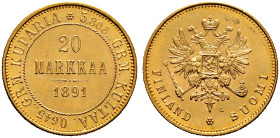 Finnland. unter russischer Herrschaft. 
20 Markka 1891 -Helsinki-. Alexander III. Bitkin (Russland) 227 (R), Fr. 2, Schl. 6. 6,48 g vorzüglich-prägef...