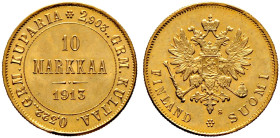 Finnland. unter russischer Herrschaft. 
10 Markka 1913 -Helsinki-. Nikolaus II. Bitkin (Russland) 391, Fr. 3, Schl. 14. 3,23 g Prachtexemplar, Stempe...