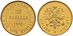 Finnland. unter russischer Herrschaft. 
20 Markka 1912 -Helsinki-. Nikolaus II. Bitkin (Russland) 390, Fr. 3, Schl. 13. 6,47 g fast prägefrisch