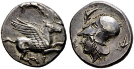 Korinthia. Korinthos 
Stater 400-338 v. Chr. Ähnlich wie vorher, der Athenakopf jedoch umgeben von drei Delphinen. BMC 152 var. 8,62 g leichter Stemp...