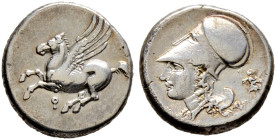 Korinthia. Korinthos 
Stater 375-300 v. Chr. Ähnlich wie vorher, jedoch mit Beizeichen Artemis mit zwei Fackeln. BMC 314, BCD -. 8,50 g minimale Druc...