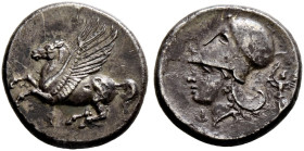 Korinthia. Korinthos 
Stater 375-300 v. Chr. Ähnlich wie vorher, jedoch mit Beizeichen Nike mit offenem Diadem. BMC 350, BCD 111. 8,49 g minimal korr...
