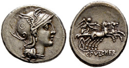 Römische Republik. 
C. Claudius Pulcher 110-109 v. Chr. Denar -Rom-. Romakopf mit Flügelhelm nach rechts / Victoria in Biga nach rechts, darunter C P...