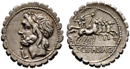 Römische Republik. 
L. Cornelius Scipio Asiaticus 106 v. Chr. Denar (Serratus) -Rom-. Belorbeerter Jupiterkopf nach links, davor Kontrollzeichen / Ju...