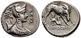 Römische Republik. 
C. Hosidius Geta 68 v. Chr. Denar -Rom-. Drapierte Dianabüste mit Diadem, Bogen und Köcher nach rechts, davor GETA, dahinter III ...