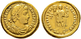 Kaiserzeit. Valentinianus I. 364-375 
Solidus 364/367 -Antiochia-. Ähnlich wie vorher, jedoch im linken Reversfeld nun ein Christogramm. RIC 2b. 4,41...