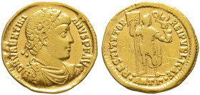 Kaiserzeit. Valentinianus I. 364-375 
Solidus 364/367 -Antiochia-. Ähnlich wie vorher, jedoch nun ohne Beizeichen im linken Reversfeld. RIC 2b. 4,33 ...