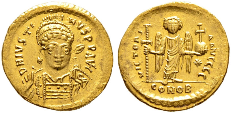 Justinus I. 518-527 
Solidus 522/527 -Constantinopolis-. 3. Offizin. Behelmte P...