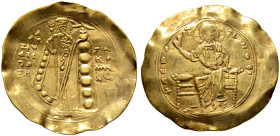 Alexios I. Comnenus 1081-1118 
Hyperpyron (Scyphat) nach 1092 -Constantinopolis-. Kaiser von vorn stehend mit Labarum und Kreuzglobus / Thronender Ch...