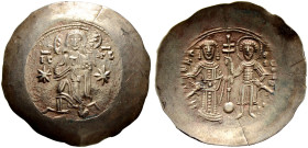 Manuel I. Comnenus 1143-1180 
El- Aspron-Trachy -Constantinopolis-. Christus frontal thronend zwischen zwei großen Sternen / Der hl. Theodor und der ...