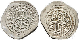 Johannes VIII. Palaeologus 1423-1448 
Stavraton (Halbhyperpyron) -Constantinopolis-. Stark stilisierte Christusbüste von vorn mit Kreuznimbus, Segens...
