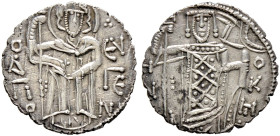 Reich von Trapezunt. Manuel I. 1238-1263 
Silber-Asper. Hl. Eugenius im Mantel mit langem Kreuzstab frontal stehend / Kaiser frontal stehend mit Laba...