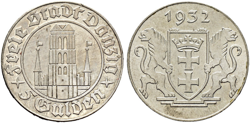 Nebengebiete
DANZIG. 5 Gulden 1932. Marienkirche. J. D 17. selten, winzige Rand...