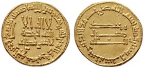  ISLAM   ABBASIDEN   al-Mahdi, 755-785 (158-169 AH)   (D) Dinar 166 AH, Album:214 (4,24 g). Rv: Graffiti im Feld  Gold RR vzgl./f.vzgl.