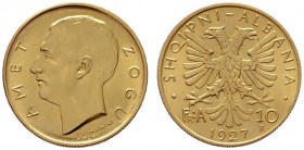  EUROPA UND ÜBERSEE   ALBANIEN   Ahmed Bey Zogu - Zogu I 1925-1939   (B) 10 Francs 1927 R (3,22 g); Fr:3  Gold vzgl.