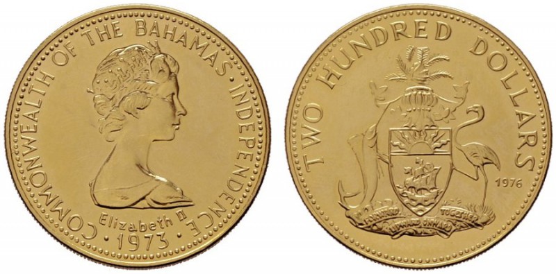  EUROPA UND ÜBERSEE   BAHAMAS   (B) 200 Dollar 1976 (10,96 g); Auflage nur 168 S...