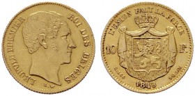  EUROPA UND ÜBERSEE   BELGIEN   Königreich   (B)  Leopold I. 1831-1865 10 Francs 1849 (3,15 g); Fr:408, KM:18  Gold  R s.sch.