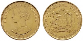  EUROPA UND ÜBERSEE   CHILE   Republik   (B) 50 Pesos 1971 KM:169; Seltenes Jahr, Av. Kratzer  Gold R s.sch./vzgl.