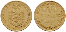  EUROPA UND ÜBERSEE   DEUTSCHLAND   Hannover   (D) Georg III. 1760/1813-1820 5 Taler 1813 (6,56 g); glatter Rand AKS:2, Fr:619; Rv.kl.Kratzer  Gold f....