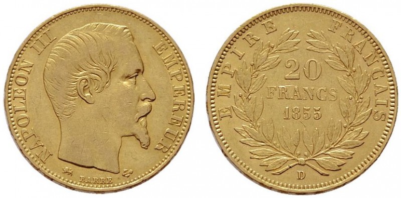  EUROPA UND ÜBERSEE   FRANKREICH   Napoleon III. 1852-1870   (B) 20 Francs 1855 ...