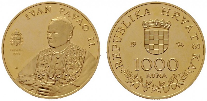  EUROPA UND ÜBERSEE   KROATIEN   Republik   (B) 1000 Kuna 1994 (7,05 g); Papst J...